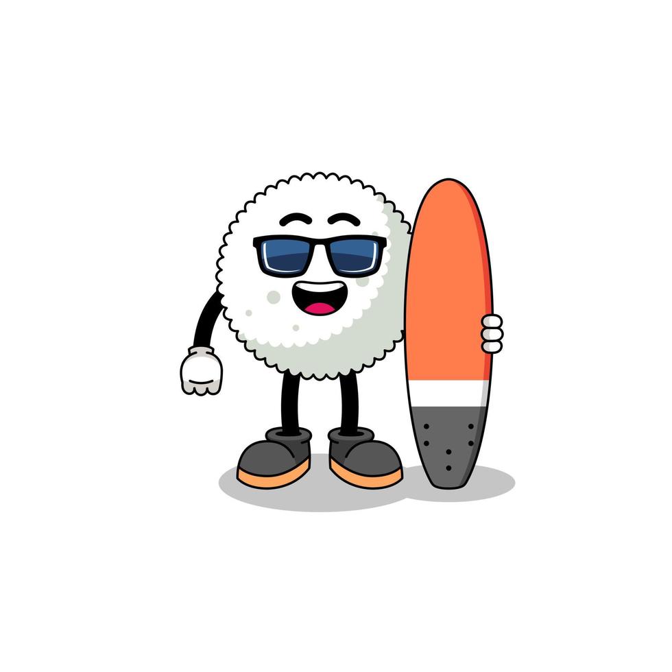 caricatura de mascota de bola de arroz como surfista vector