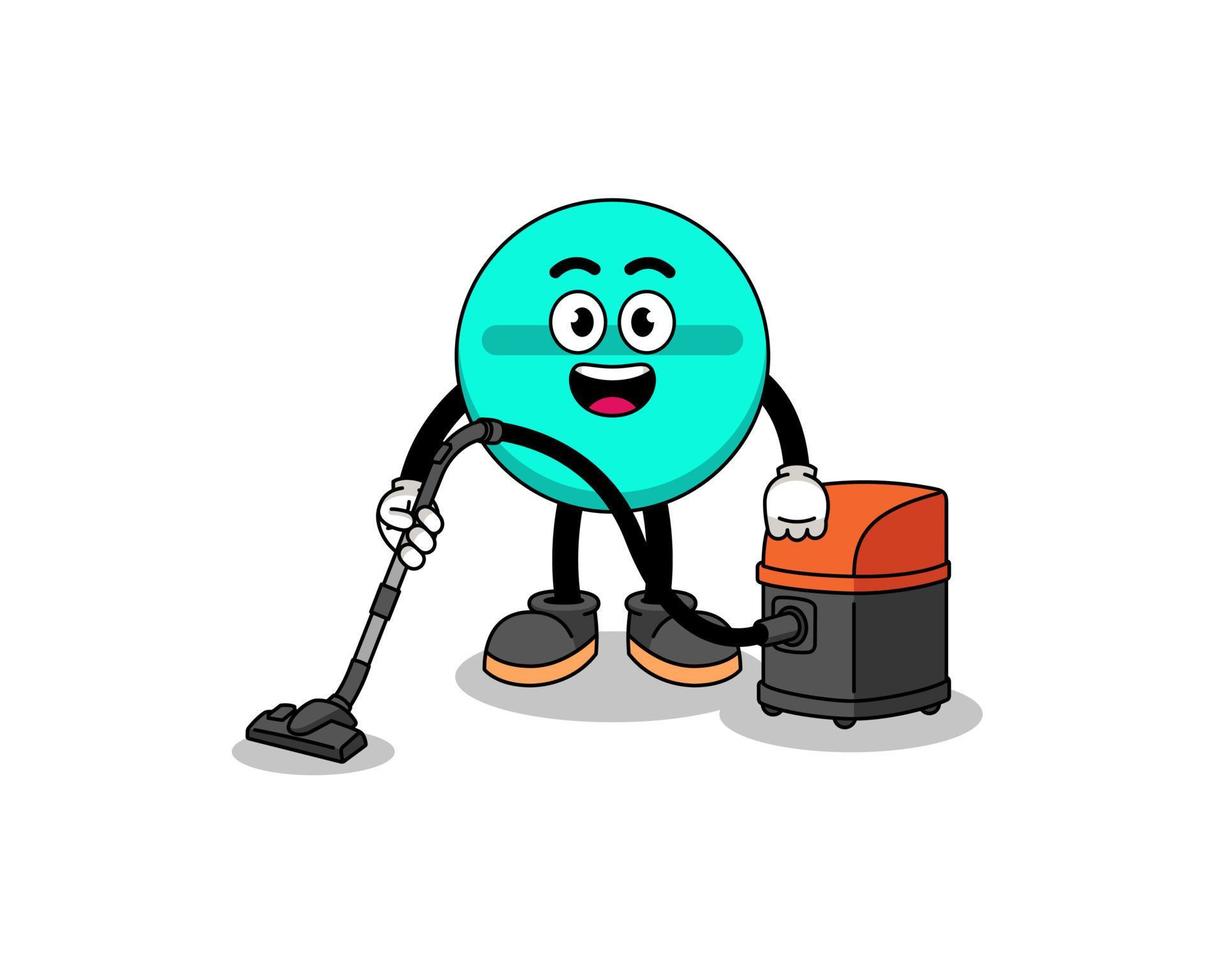 Character mascot of medicine tablet holding vacuum cleaner vector