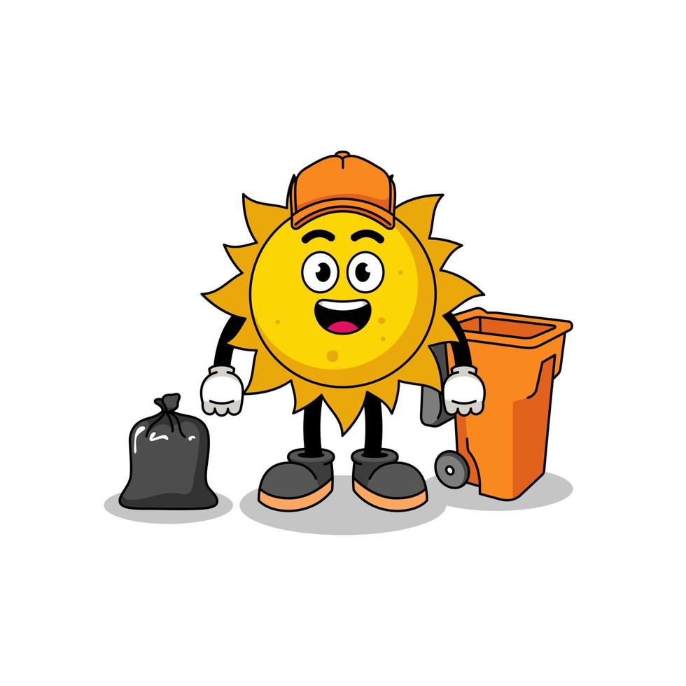 Illustration of sun cartoon as a garbage collector vector