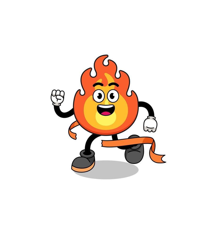 caricatura de mascota de fuego corriendo en la línea de meta vector