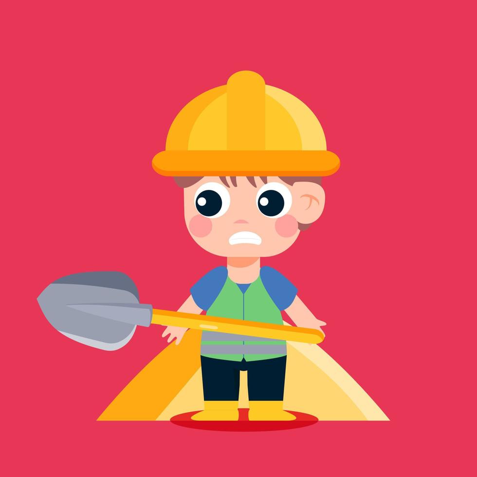 trabajador lindo niño pequeño personaje de dibujos animados con pala vector