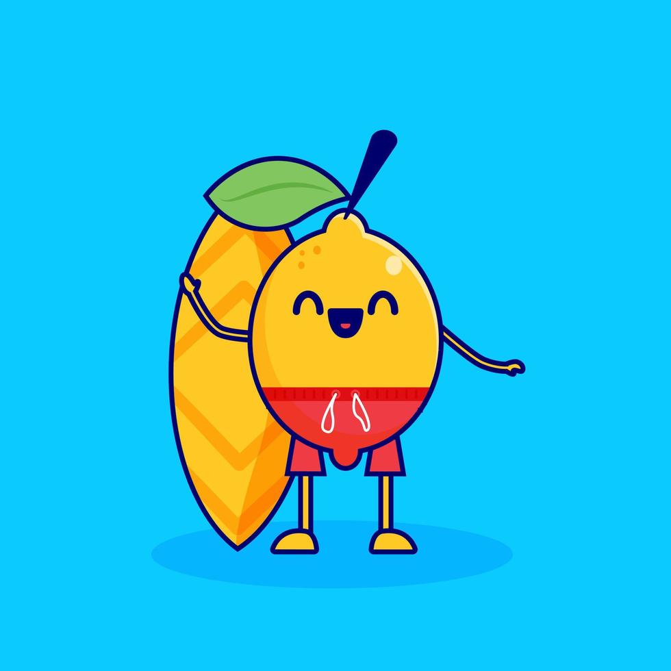 cute lemon cartoon character surfing vector