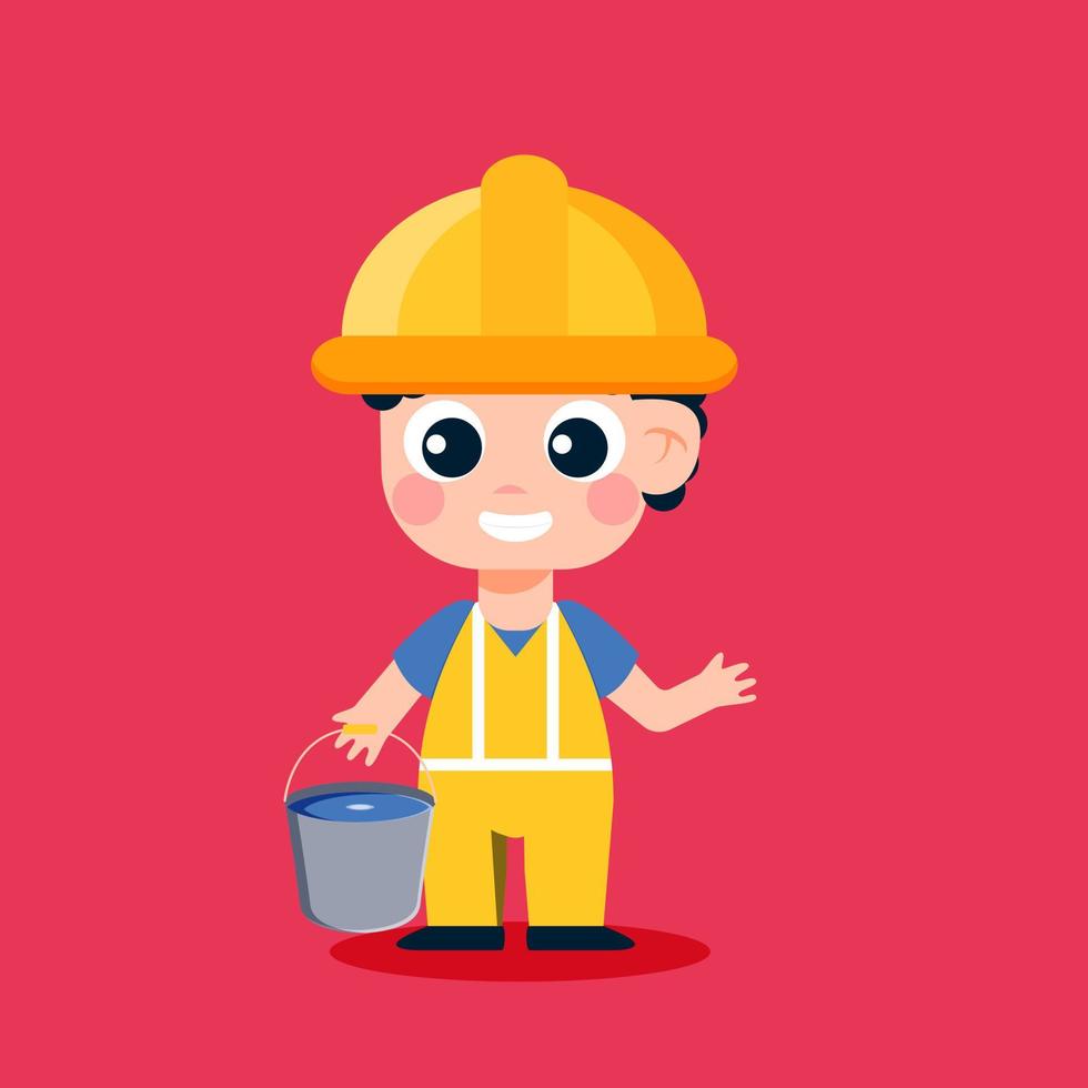 laborer cute little boy cartoon character holding bucket vector