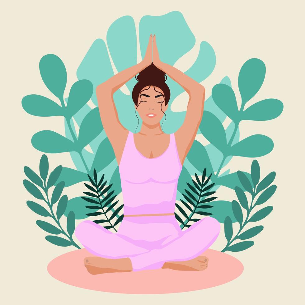 Woman meditating in nature and leaves vector