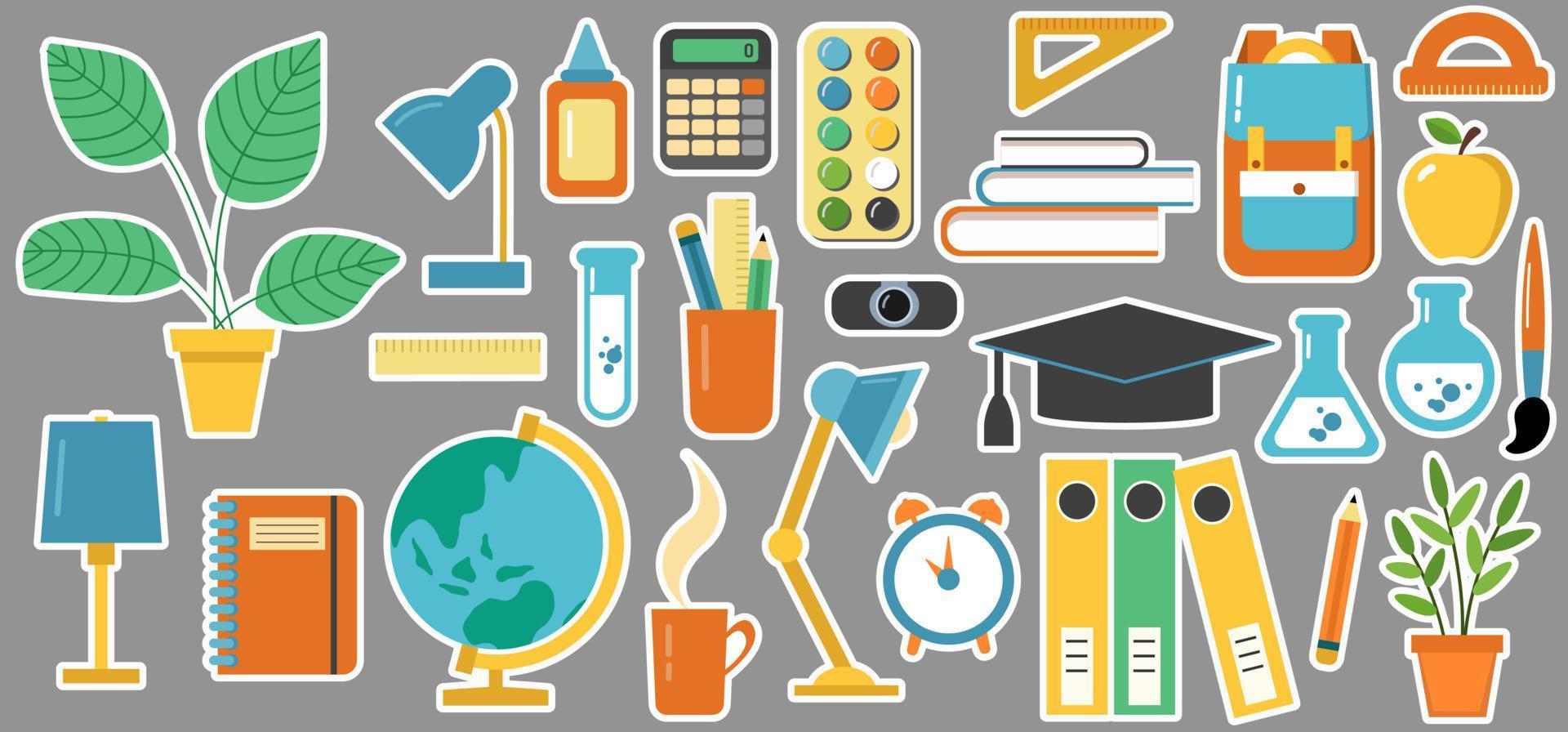 Large set of school stickers. Flat style. Vector illustration.