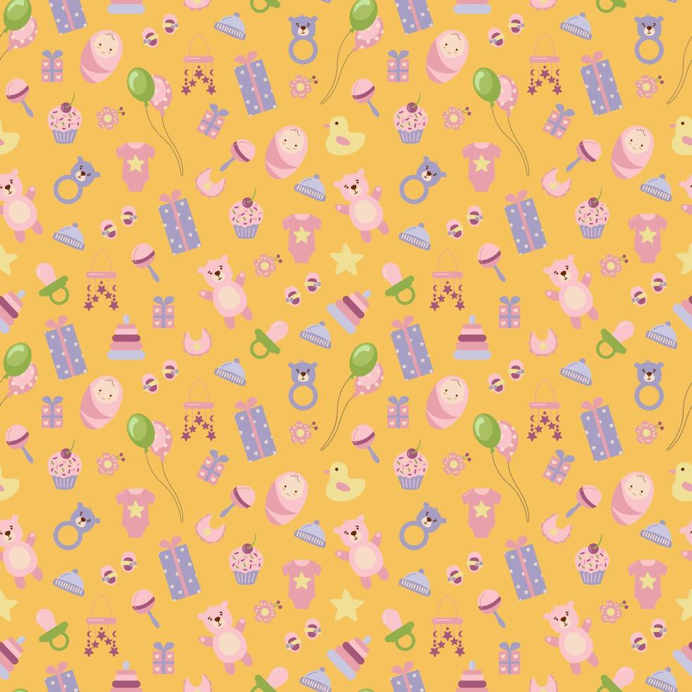 This is a girl. Children's pattern with children's toys, objects. Seamless background with baby things. Design of fabrics, textiles, wallpaper, packaging, Decoration for the nursery. vector
