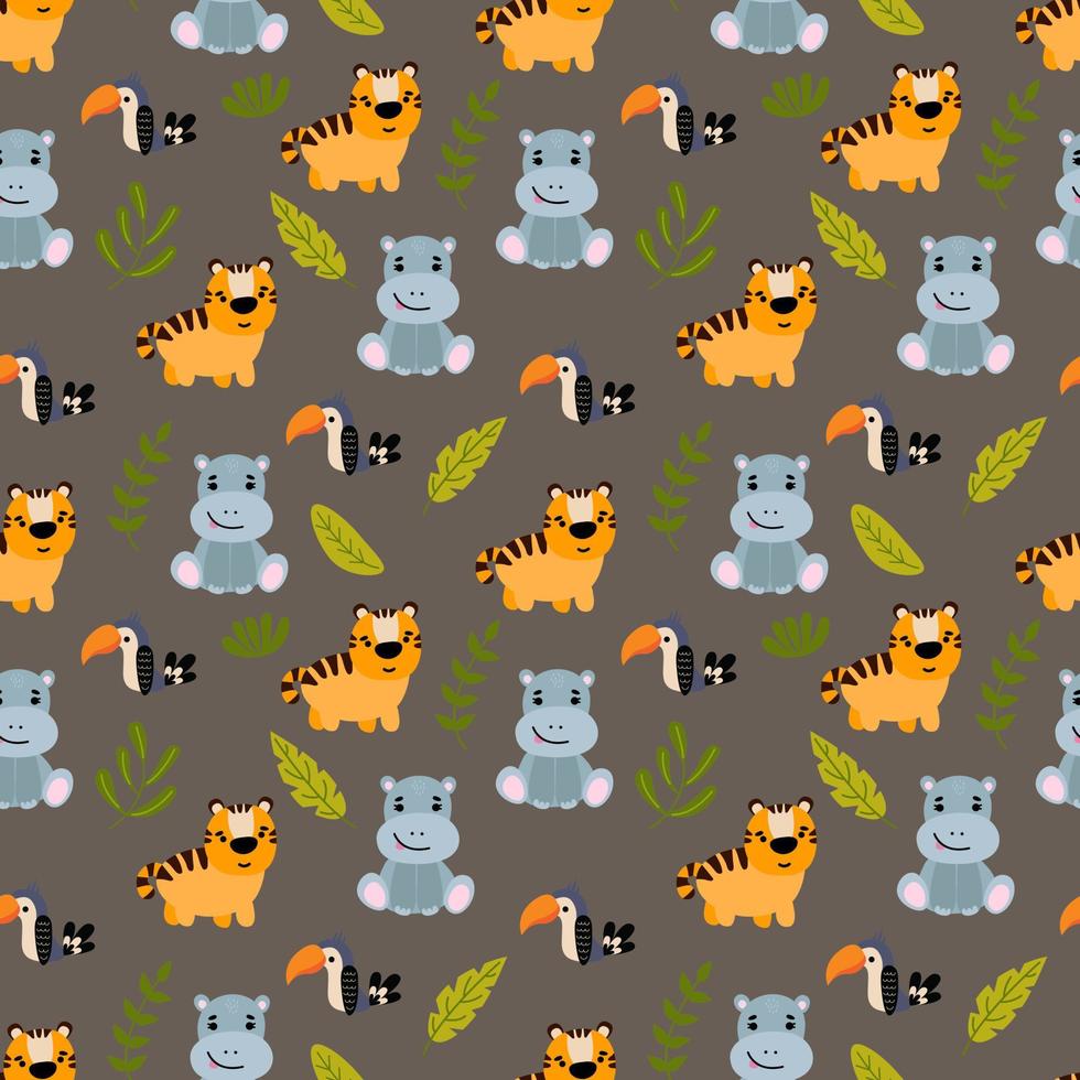 Seamless pattern with cute hand drawn animals. Tiger, hippo, toucan. Design for fabrics, textiles vector