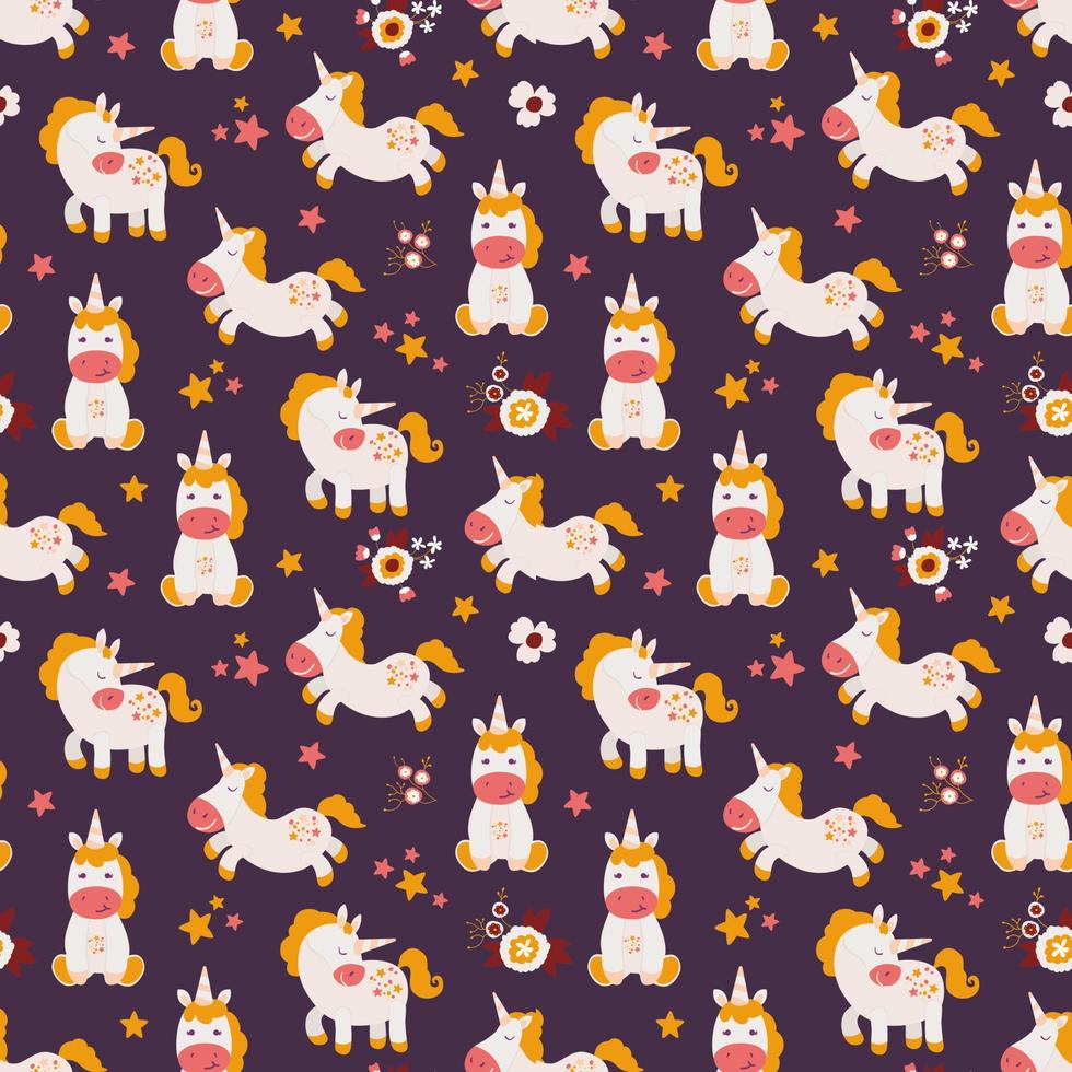 Seamless pattern with cute hand drawn unicorns, rainbows and flowers. vector