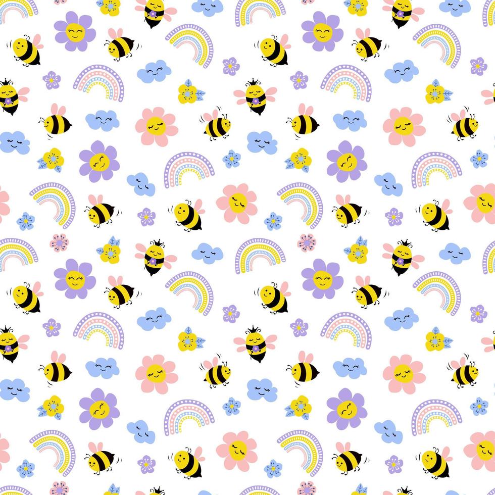 Bee Seamless pattern. Cute hand drawn bees, flowers, clouds, rainbow, sun. vector