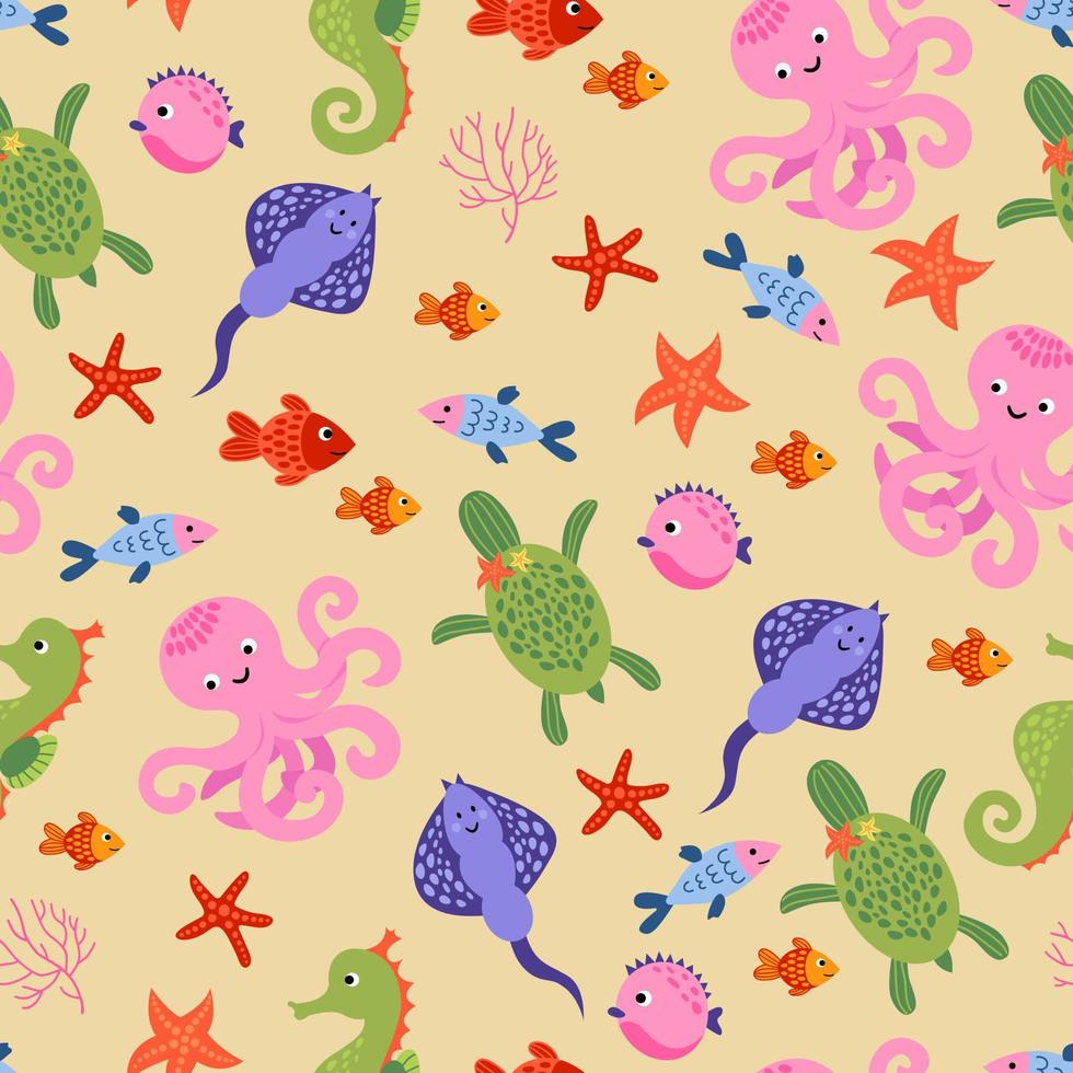 Seamless pattern with octopuses, stingray, turtles, seahorse, fishes. Hand-drawn style. vector