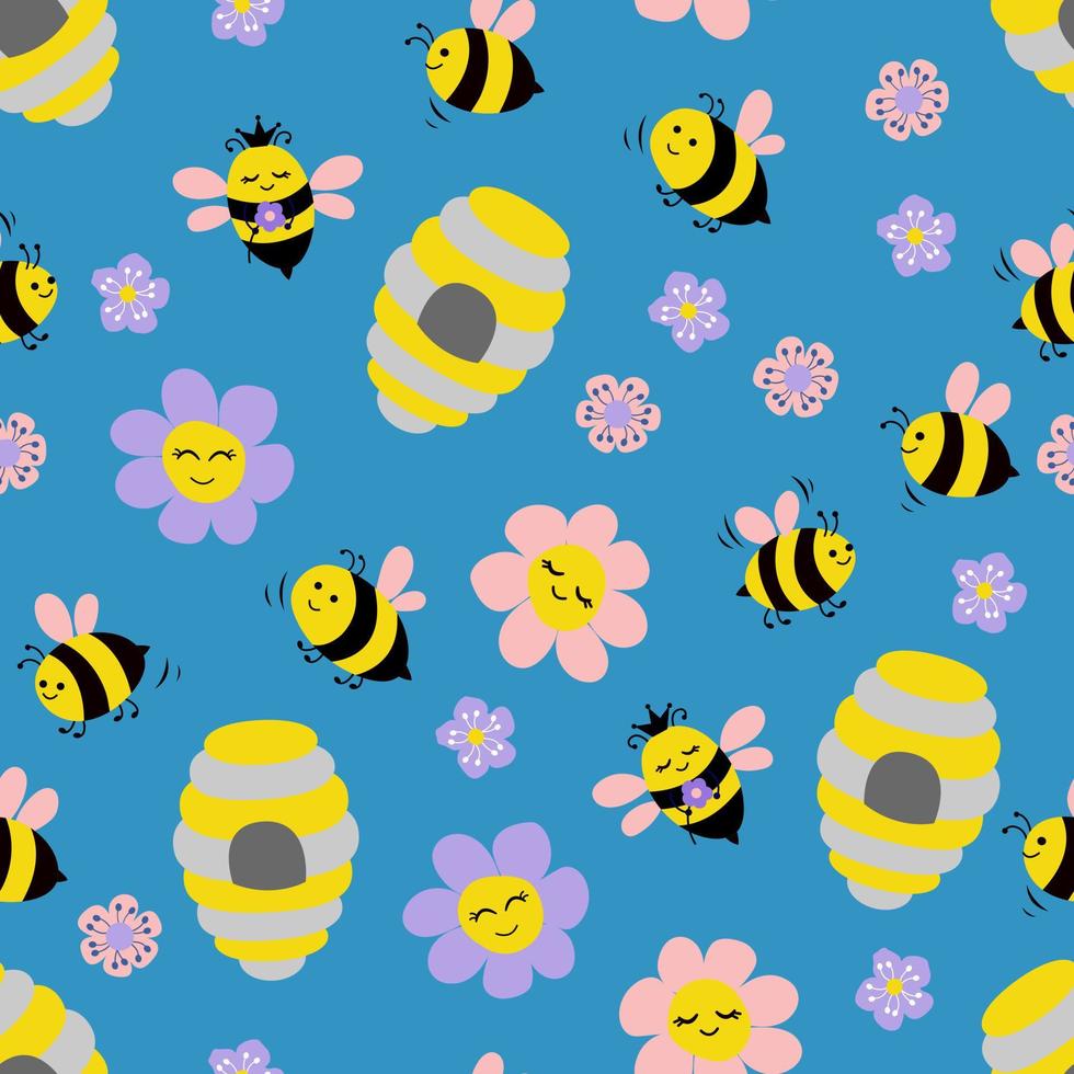 Seamless pattern with cute hand drawn bees, bee, flowers. vector