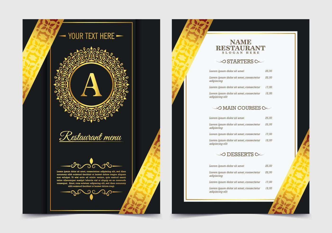 Restaurante de menú de lujo con elementos ornamentales. vector