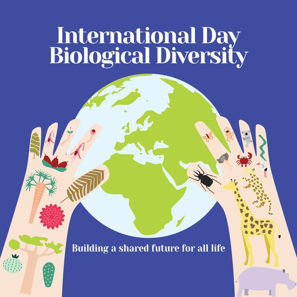 International Day for Biological Diversity illustration. Suitable for banner, poster, greeting card, mug, shirt, template and print advertising. Illustration of an earth, hand and many animals. vector