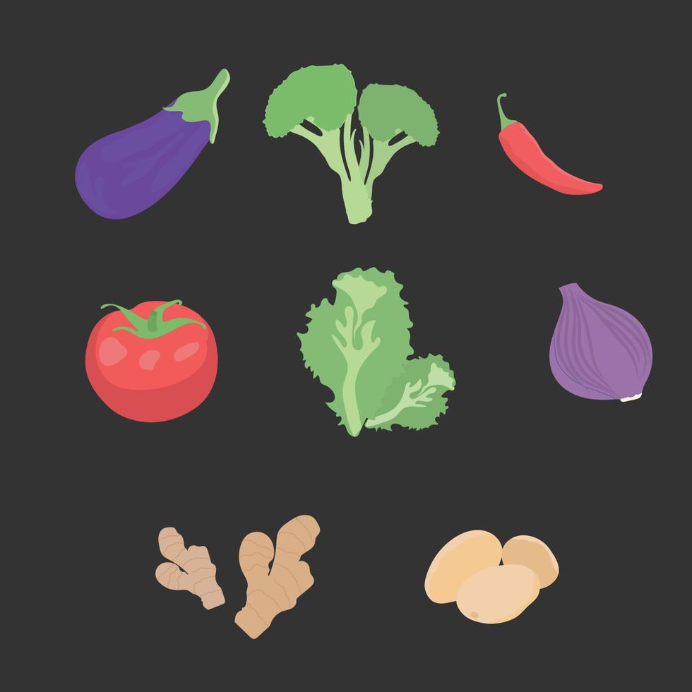 Vegetable hand drawn flat icons vector illustrations with element like eggplant,broccoli,red chilli,tomato,lettuce,onion,ginger,potato for food projects