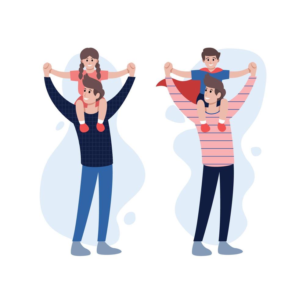 Happy father carrying daughter and son on him shoulders, vector illustration