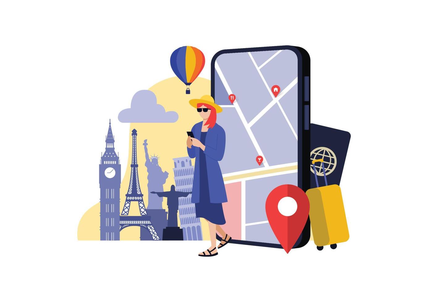 Woman using phone with phone screen and popular attractions in the background, concept image of a navigation application for travel, vector illustration