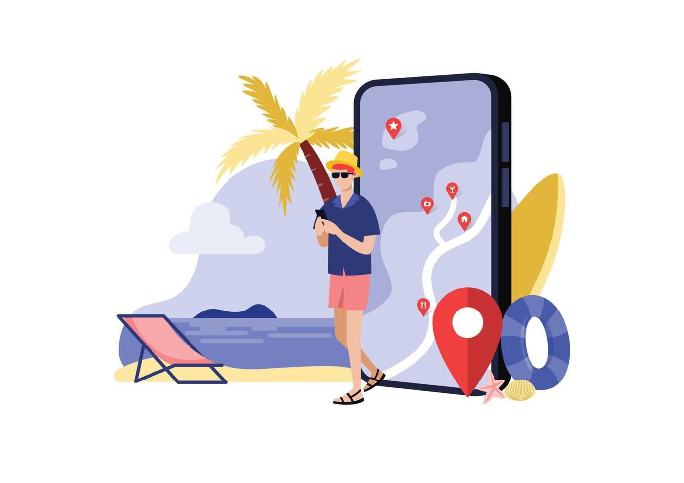 hombre usando teléfono con pantalla de teléfono y cocotero de playa detrás, viaje por mar, imagen conceptual de una aplicación de navegación para viajes, ilustración vectorial vector