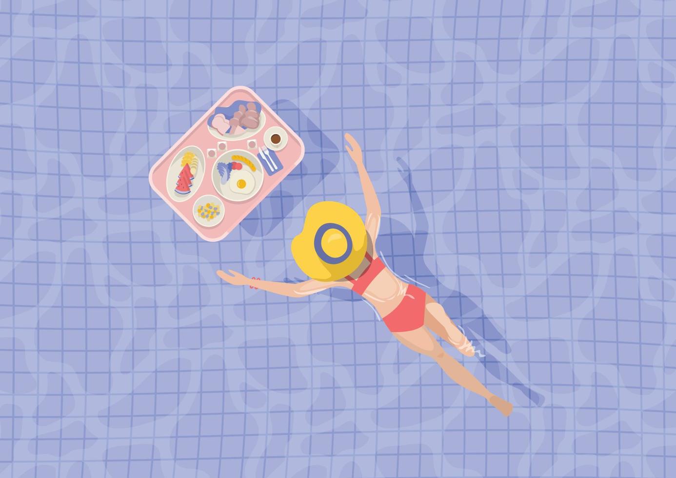 Woman swimming in pool with floating breakfast, tray bird's eye view, vector illustration