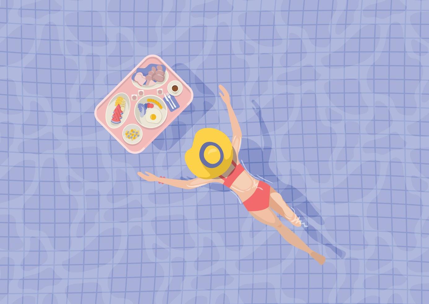 mujer nadando en la piscina con desayuno flotante, bandeja vista de pájaro, ilustración vectorial vector