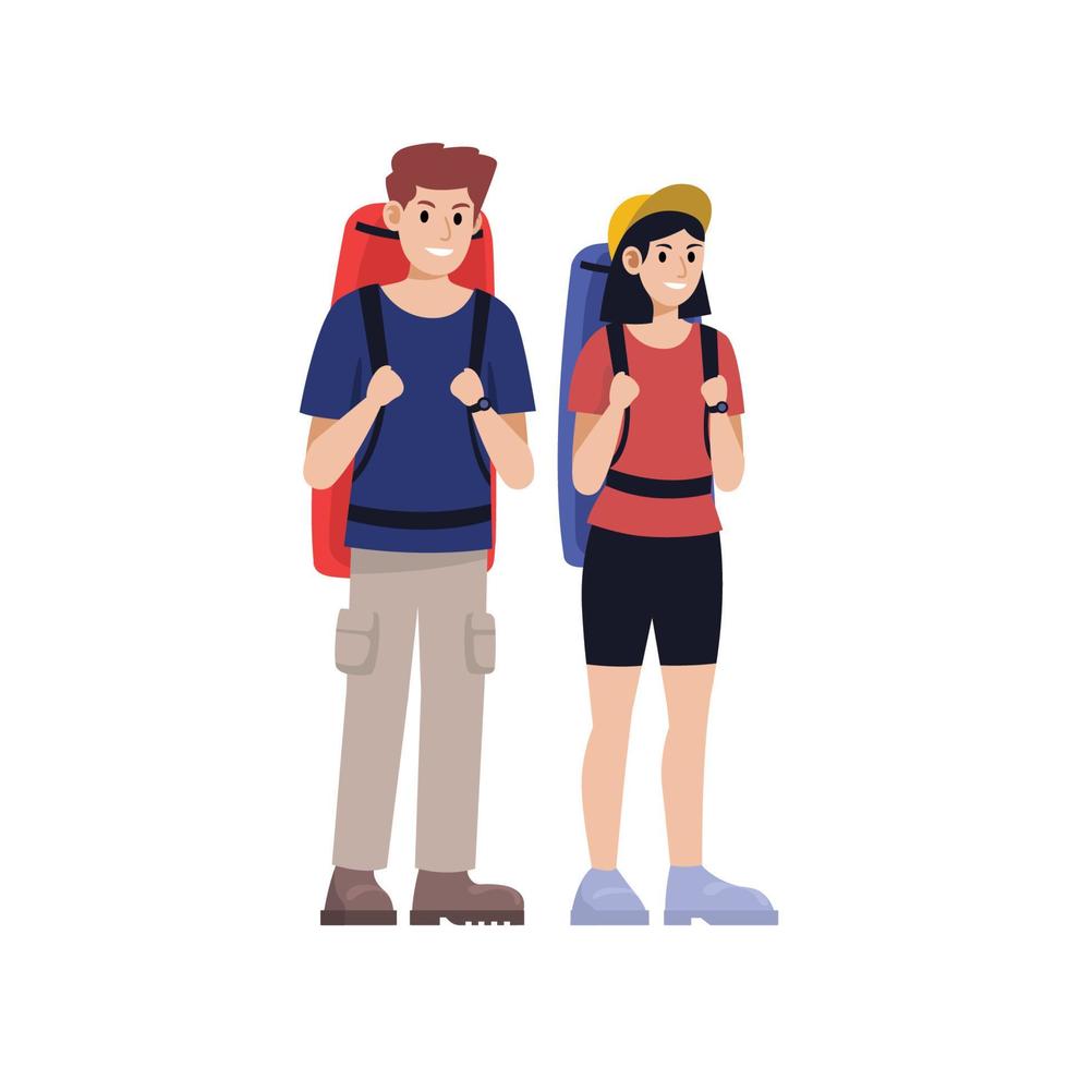 Backpacker, male and female traveler carrying a travel backpack, vector illustration