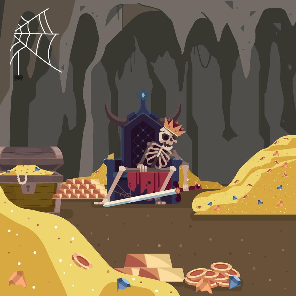 Cave Full of Treasures With King Skeleton Concept vector