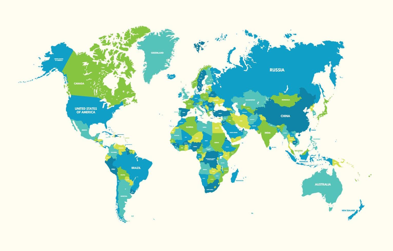 plantilla de mapa del mundo político de alto detalle de color plano vector
