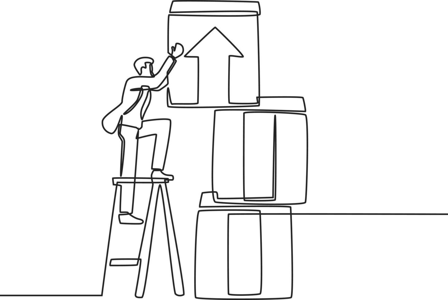 Single one line drawing of businessman using ladder arrange arrow boxes. Success business growth strategy minimal concept. Modern continuous line draw design graphic vector illustration.