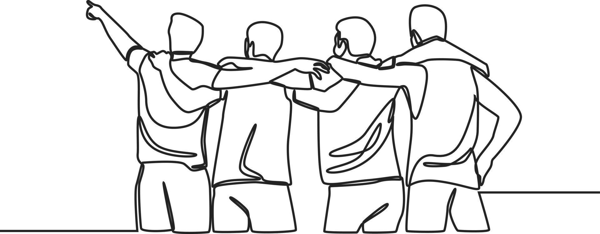 One continuous line drawing of group of men standing together to show their friendship bonding. Friendship day. Single line draw design vector graphic illustration.