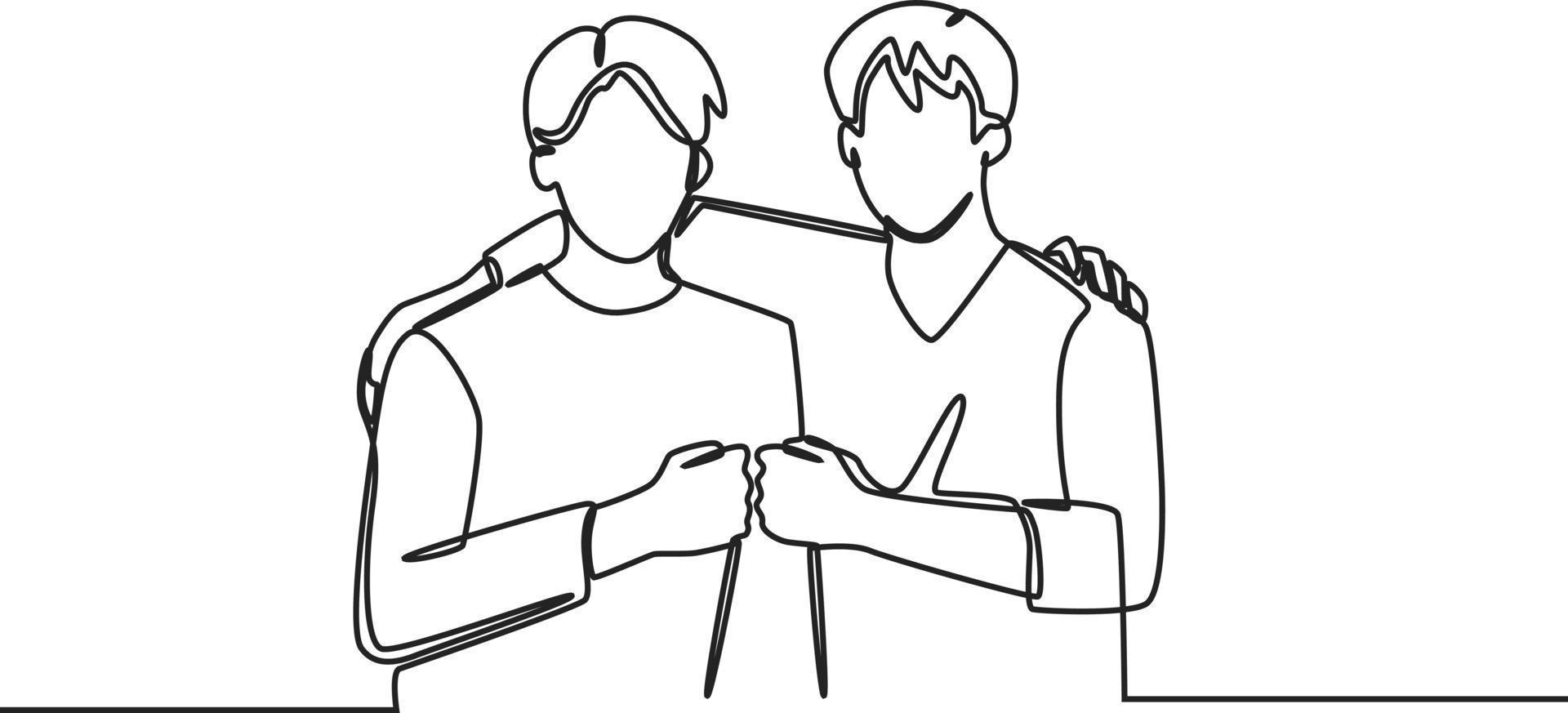 One continuous line drawing of young boy and his friend standing together and posing to huge each other. Friendship day. Single line draw design vector graphic illustration