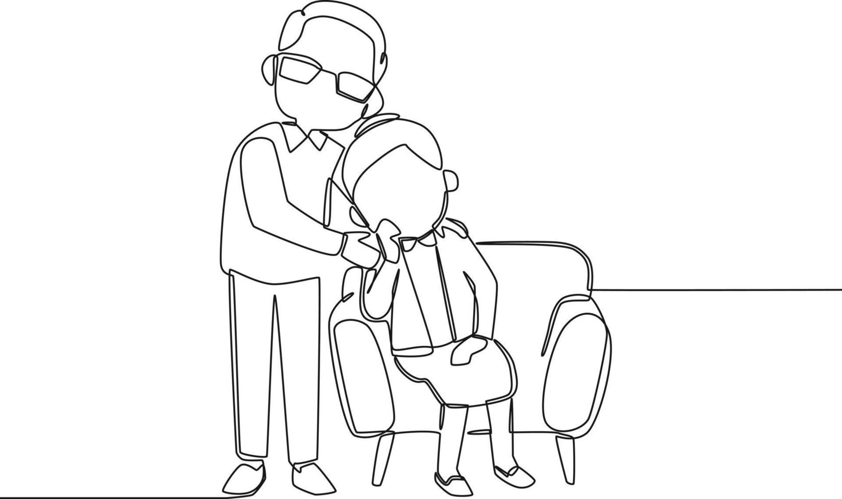 Single one line drawing is grandma   sitting on the sofa and grandpa giving support to grandma with love. Grandparents day. Continuous line draw design graphic vector illustration.