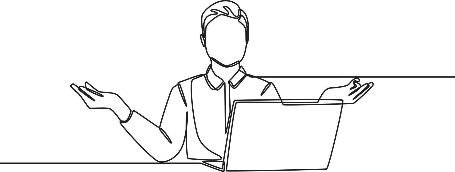 Single one line drawing happy employees in front of laptops because his tasks done. Continuous line draw design graphic vector illustration.