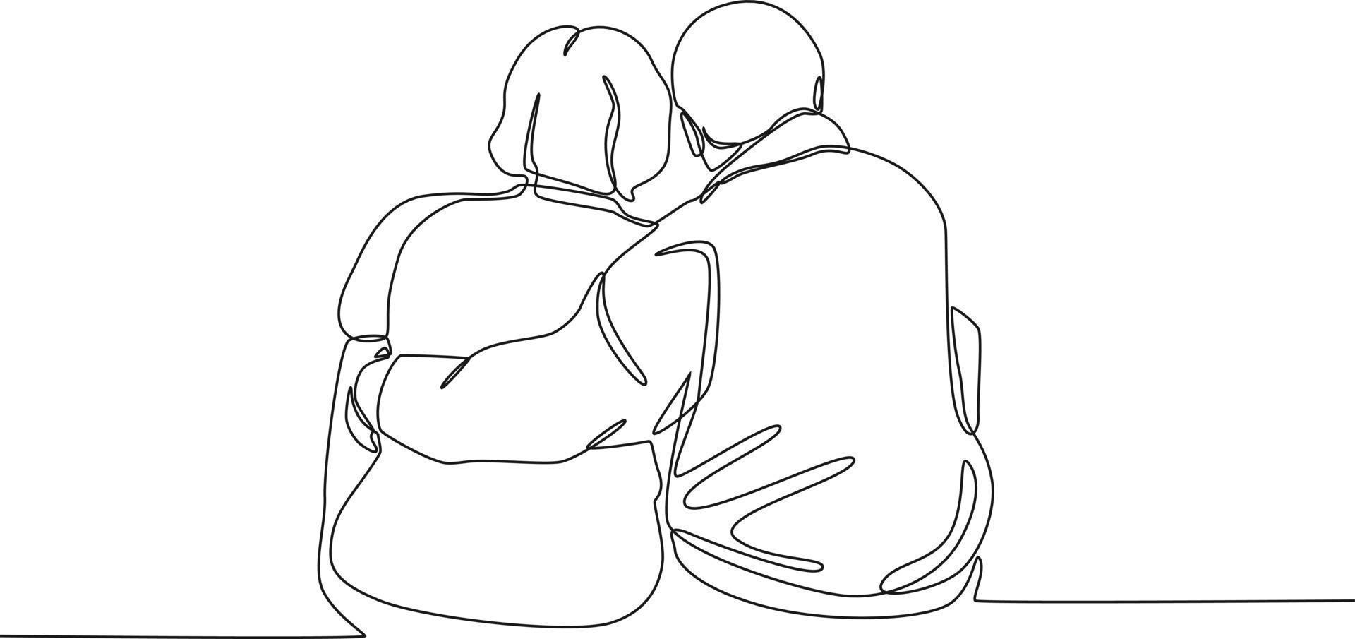 Single one line drawing is grandparents looking back sitting relaxed. Grandparents day. Continuous line draw design graphic vector illustration.