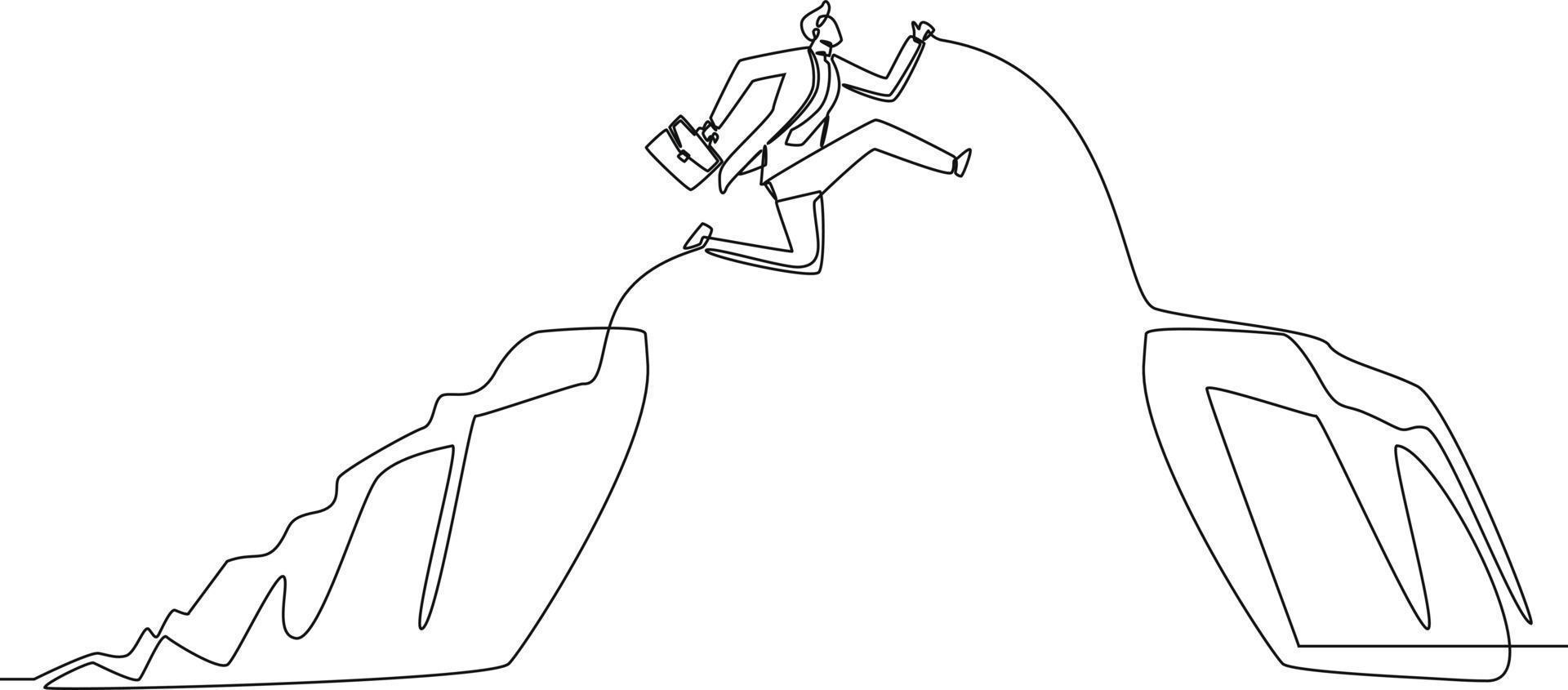 Continuous one line drawing Businessman jumping between cliff to achieve business targets. Risk management. Single line draw design vector graphic illustration.