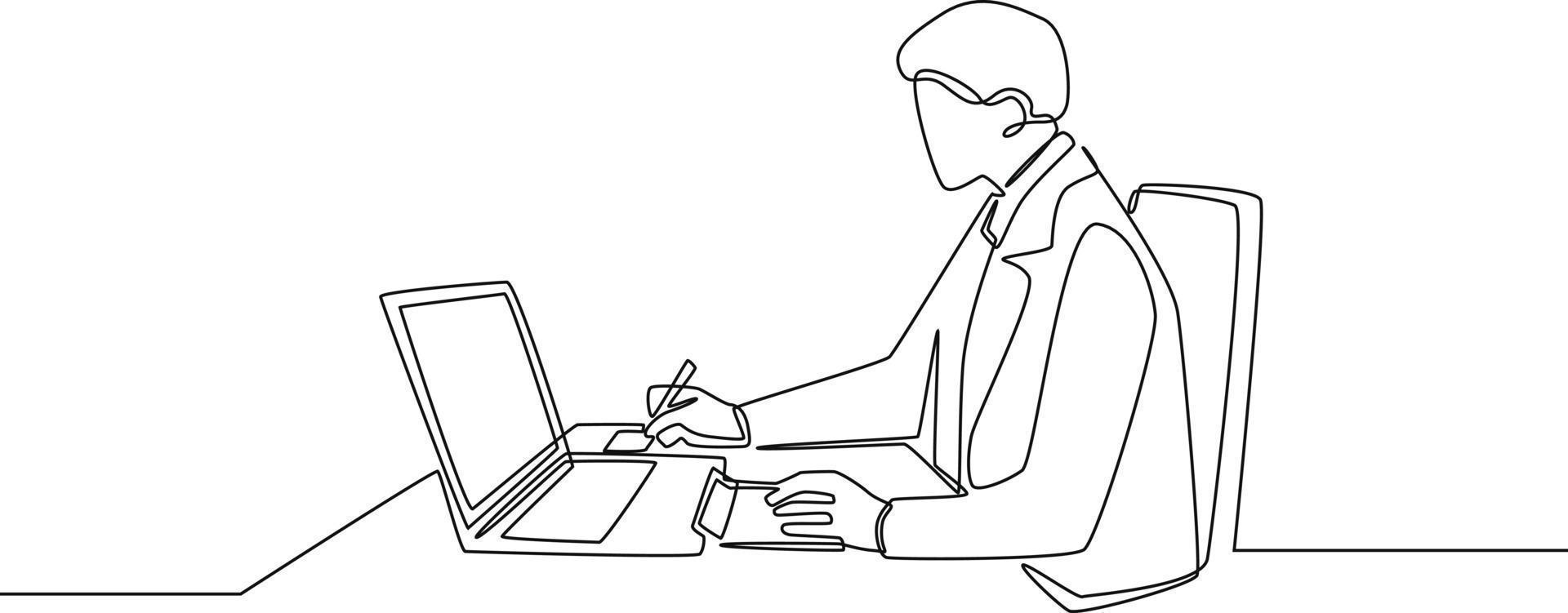 Continuous line drawing of businessman make records and calculating finance report on the laptop. Finance and Investment. Single line draw design vector graphic illustration.