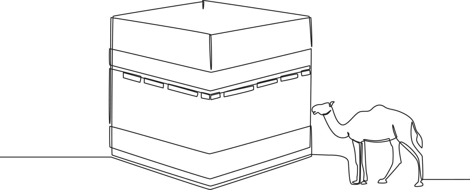 Single one line drawing Holy Kaaba with camel in Mecca. This place is moslem islam religion Hajj. Happy Eid Al Adha. Continuous line draw design graphic vector illustration.