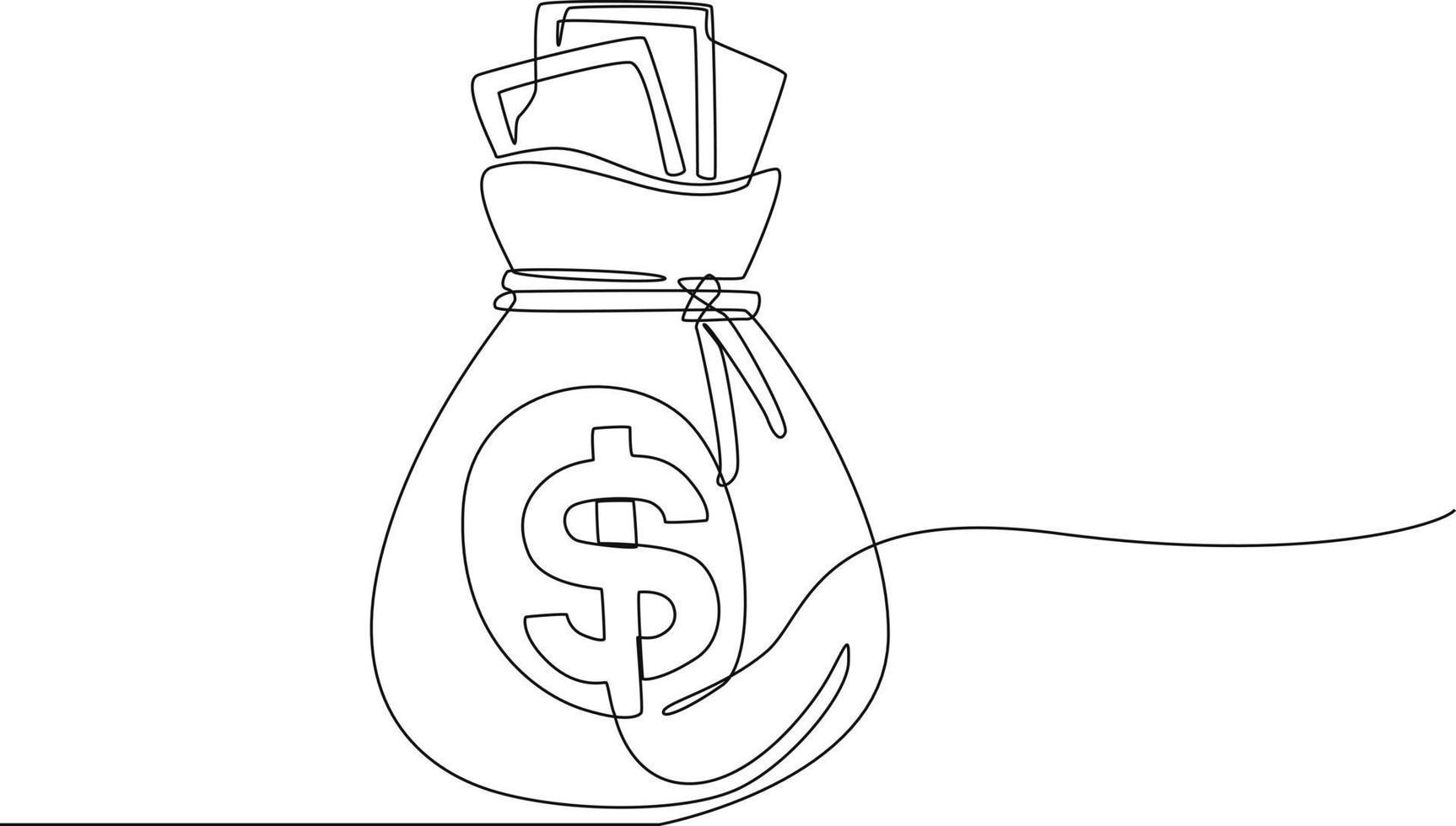 Continuous line drawing of money bag   in dollars. Finance and Investment. Single line draw design vector graphic illustration.