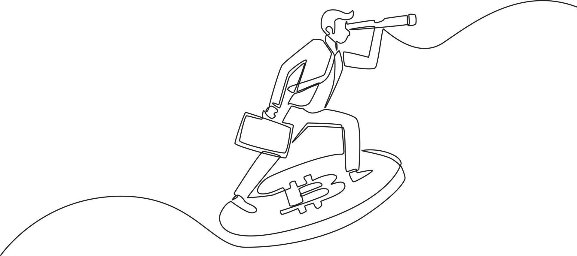 Continuous one line Businessman using telescope on bitcoin flying to see opportunity business. Single line draw design vector graphic illustration.