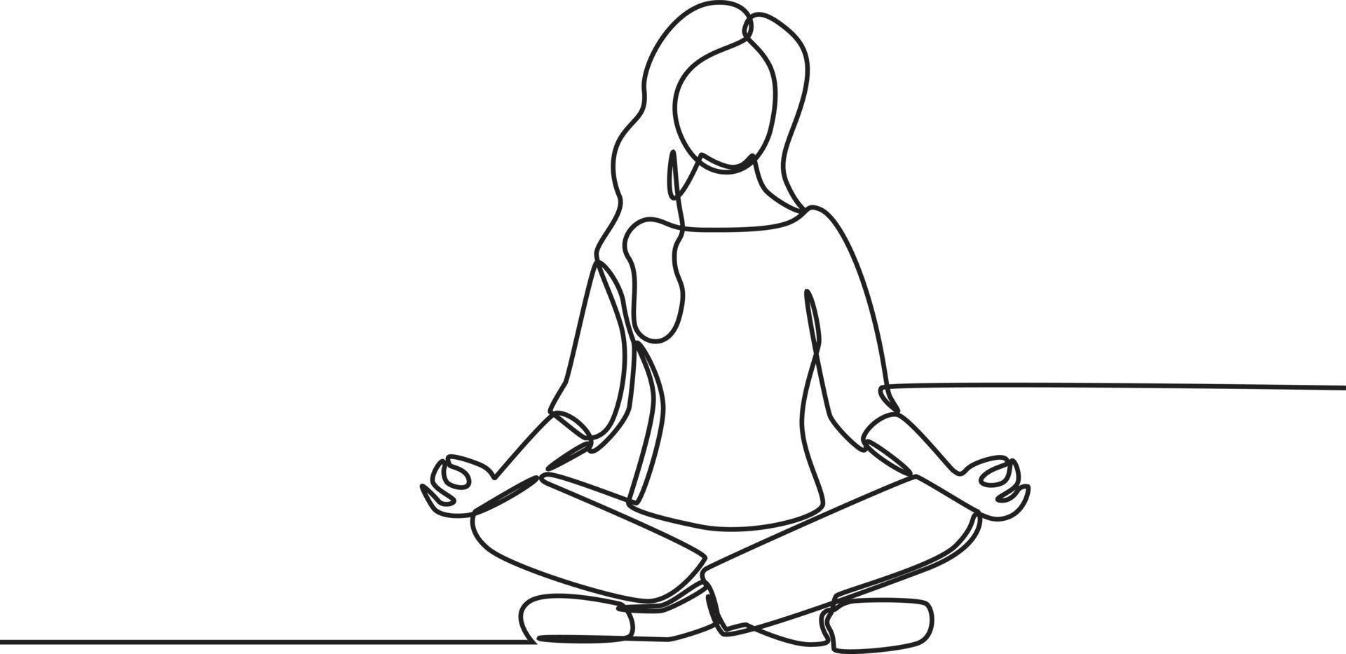 Single one line drawing young businesswoman doing meditation. employee sitting in yoga pose, relaxing, calm down and manage stress. Continuous line draw design graphic vector illustration.