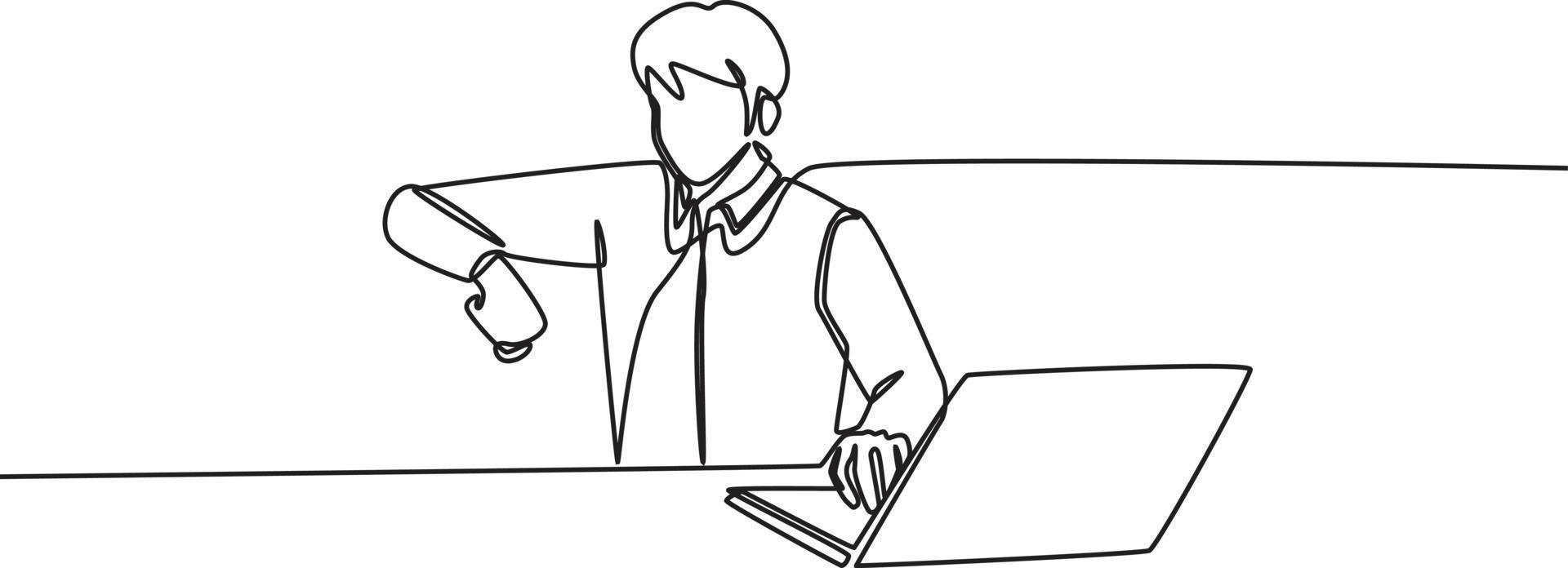 Single one line drawing Stressed employees looking o'clock in his hand in front of laptop because task deadline. Continuous line draw design graphic vector illustration.