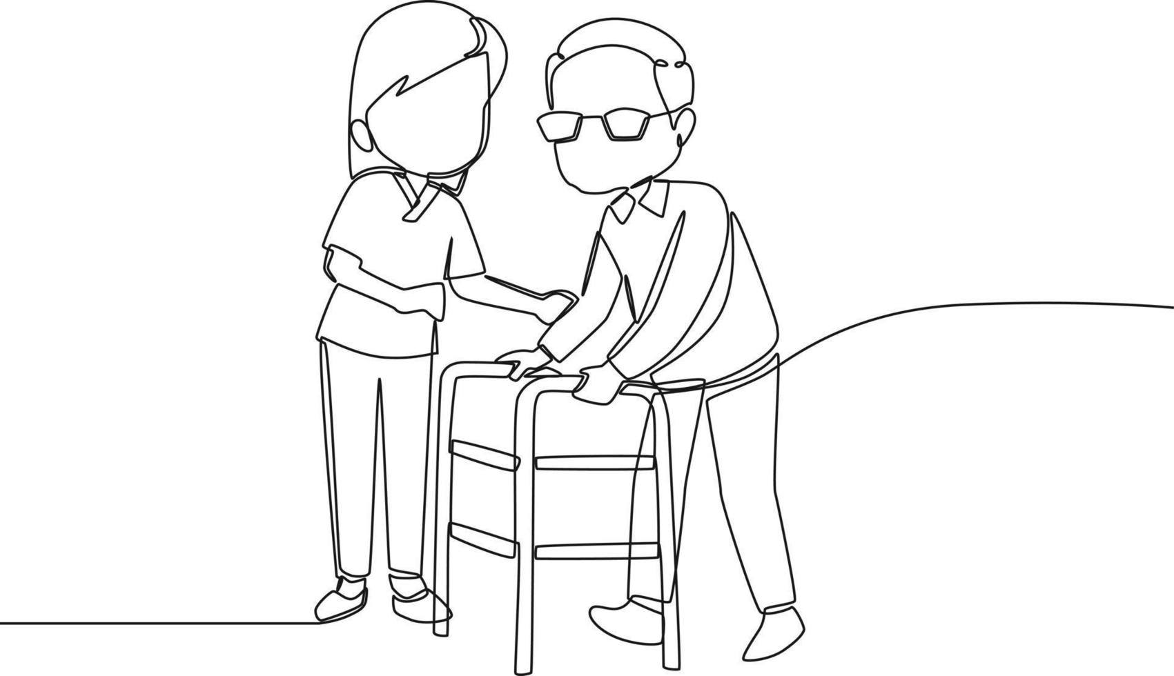 Single one line drawing is Nurse supports and helps elderly patient with a walker. Grandparents day. Continuous line draw design graphic vector illustration.