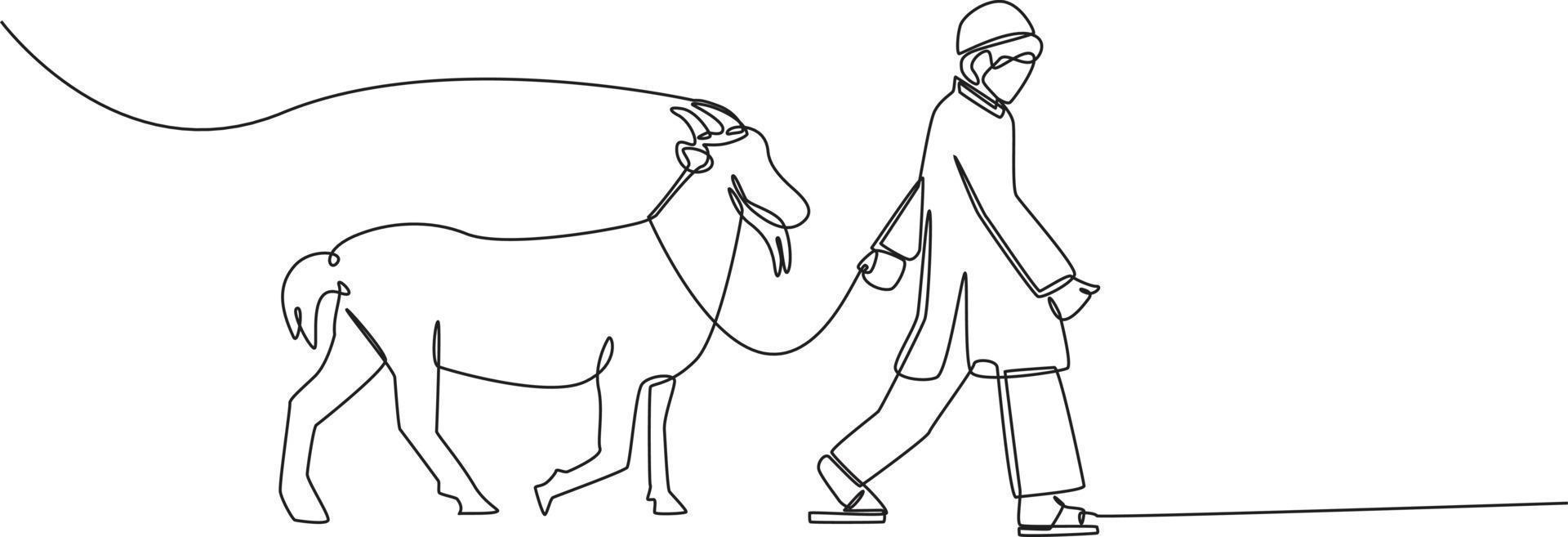 Single one line drawing Young muslim boy take a goat for sacrifice. Happy Eid Al Adha. Continuous line draw design graphic vector illustration.