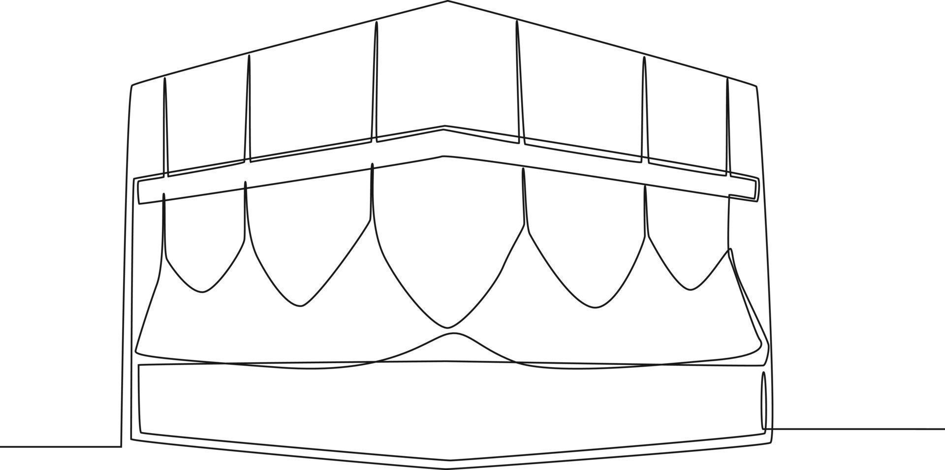 Continuous one line drawing Beautiful View of Qaba or Kabaa Shareef on floral. Hajj and umrah concept.  Single line draw design vector graphic illustration.