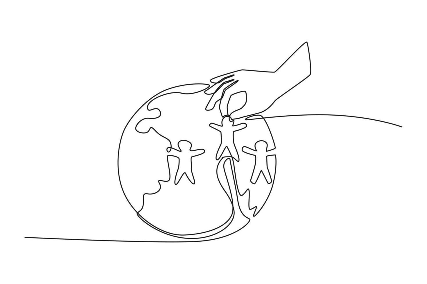 Single one line drawing hand putting people icon on globe. World population day. Continuous line draw design graphic vector illustration.