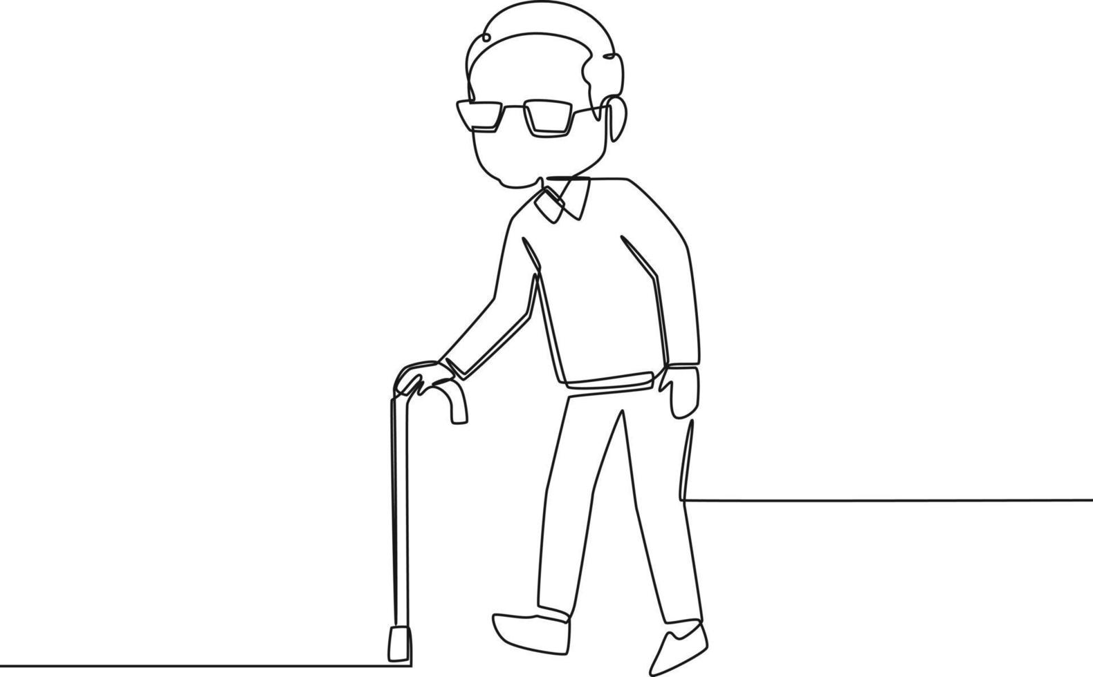 Single one line drawing grandfather with stick walking to park. Grandparents day. Continuous line draw design graphic vector illustration.