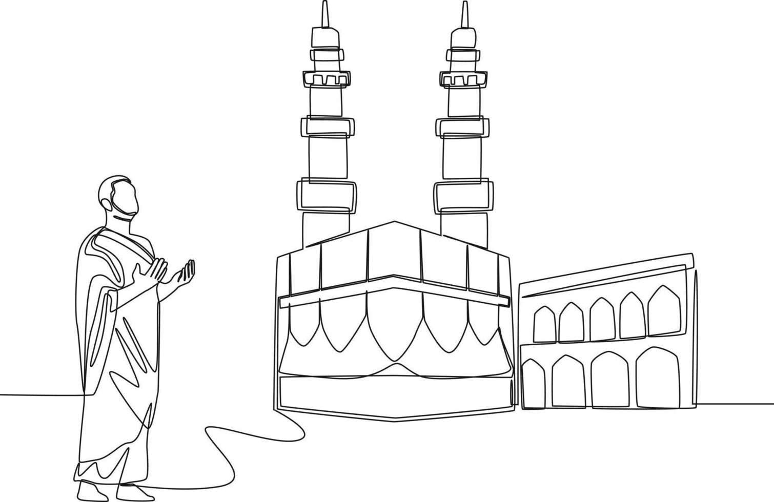 Continuous one line drawing a A Muslim with his Ihram dress prays to God with his hands raised in front of the Kaaba. Hajj and umrah concept. Single line draw design vector graphic illustration.