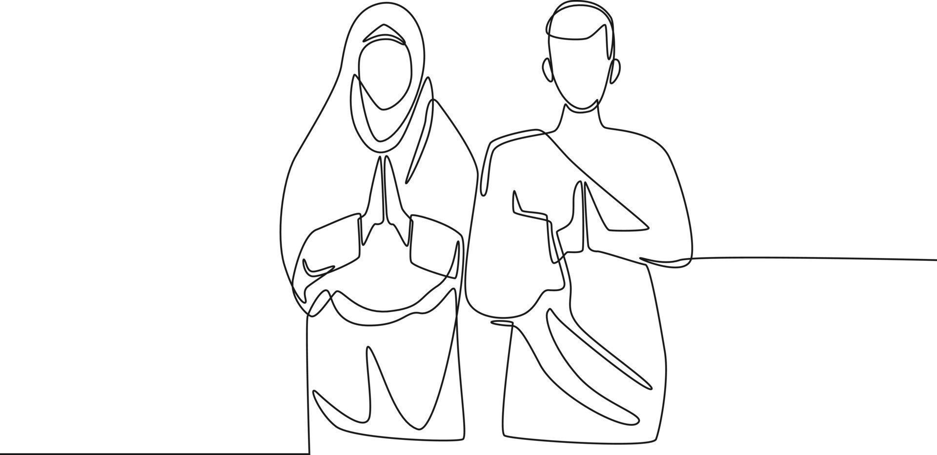 Continuous one line drawing A husband and wife give greetings when performing Hajj. Hajj and umrah concept. Single line draw design vector graphic illustration.