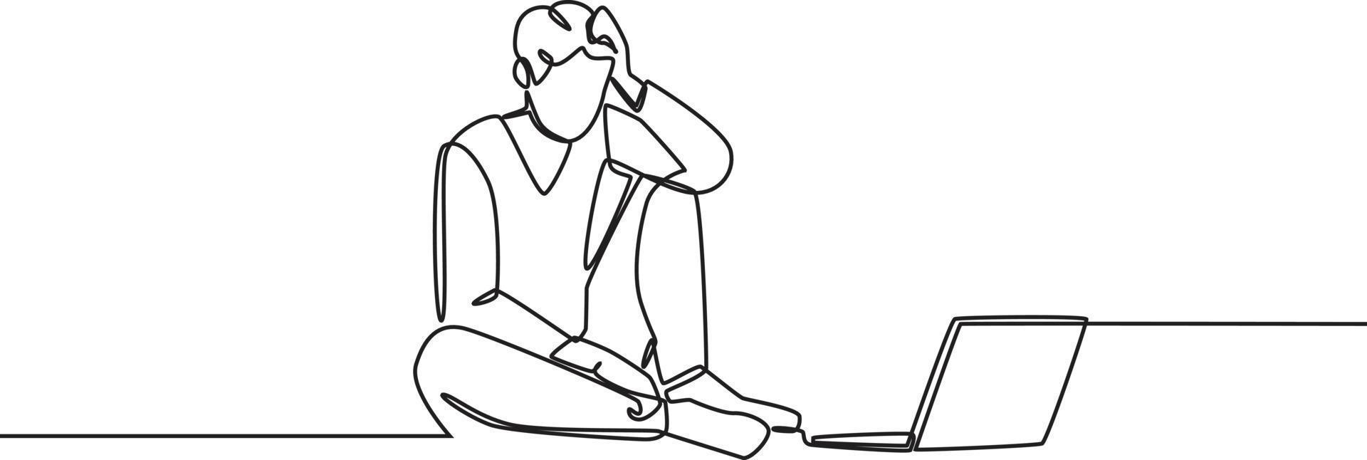 Single one line drawing Hard thinking employees in front of laptops because tasks piled up. holding head. Continuous line draw design graphic vector illustration.