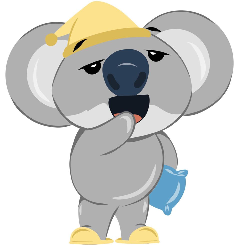 Sleepy koala bear yawning while holding a pillow vector