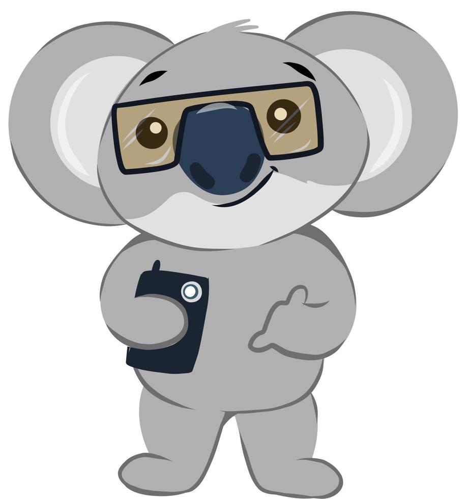 genial oso koala antropomorfizado con gafas de sol y sosteniendo un teléfono móvil haciendo clic en selfie vector