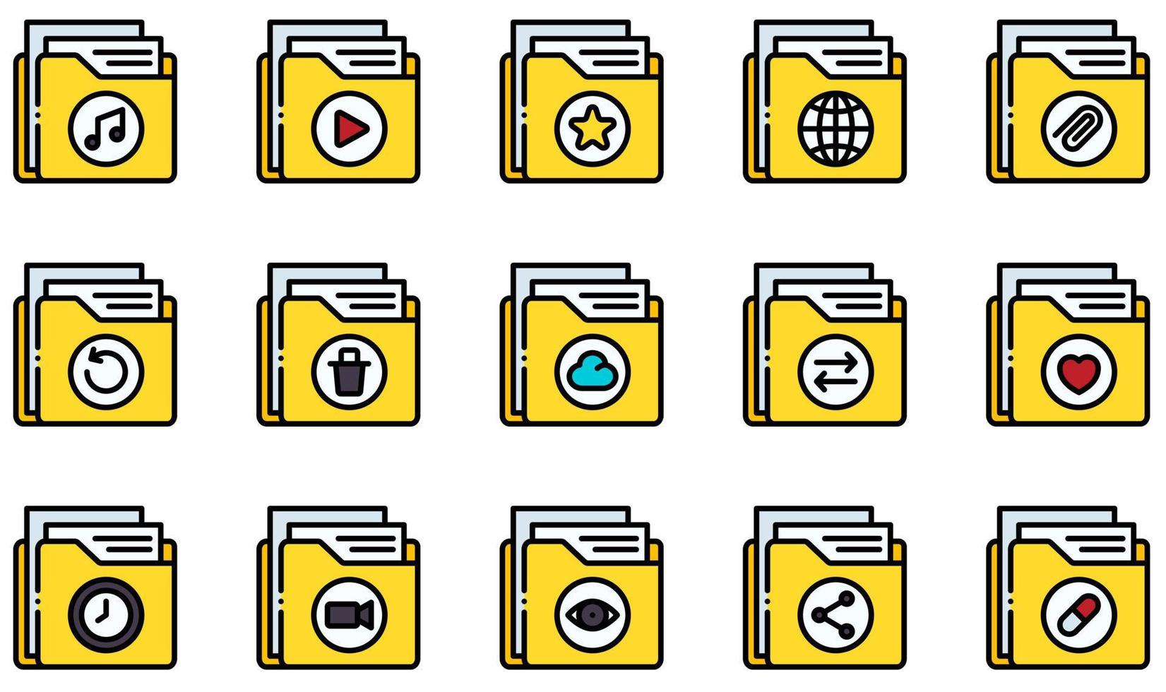 conjunto de iconos vectoriales relacionados con carpetas. contiene íconos como carpeta, archivo, documento, almacenamiento, datos, archivo y más. vector